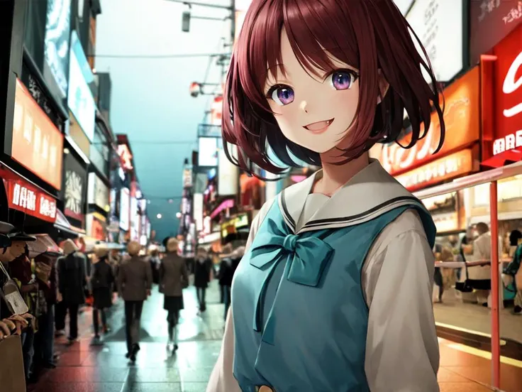 petite 1girl school_Uniform burgundy hair turquoise eyes, smile fang, best quality, high detailed, Faint lips,UC:realistic, cinematic lighting, cowboy shot , Doutonbori deep shadows, depth of field half moon, night