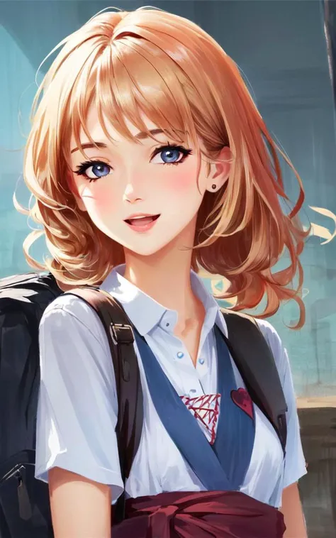 best quality, high detailed, Faint lips,UC:realistic, cinematic lighting kawaii cute 1girl 16yo orange hair silver eyes, :D school_Uniform pantyhose monk strap upperbody , (masterpiece) 8k_wallpaper