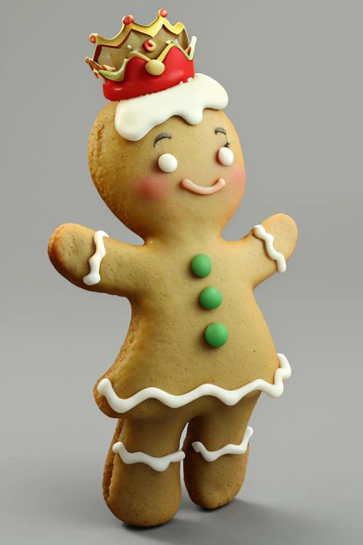 a close up of a gingerbread man with a crown on his head