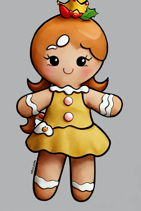 ((masterpiece,best quality)), absurdres,
<lora:Gingerbread_Man:0.9>, Gingerbread_Man, food, cookie, food focus,
simple background,  grey background,
1girl,
<lora:princessdaisy-lora-nochekaiser:0.7> princess daisy,  long hair, orange hair, crown, yellow dre...