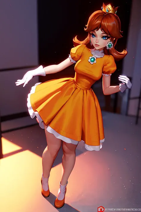 <lora:Rushzilla_Style:0.7>, (slim, skinny:1), (masterpiece, best quality), 1girl,   <lora:princessdaisy-lora-nochekaiser:1> princess daisy, blue eyes, long hair, orange hair, crown, daisy, dress, flower, gem, gloves, orange dress, puffy short sleeves, puff...