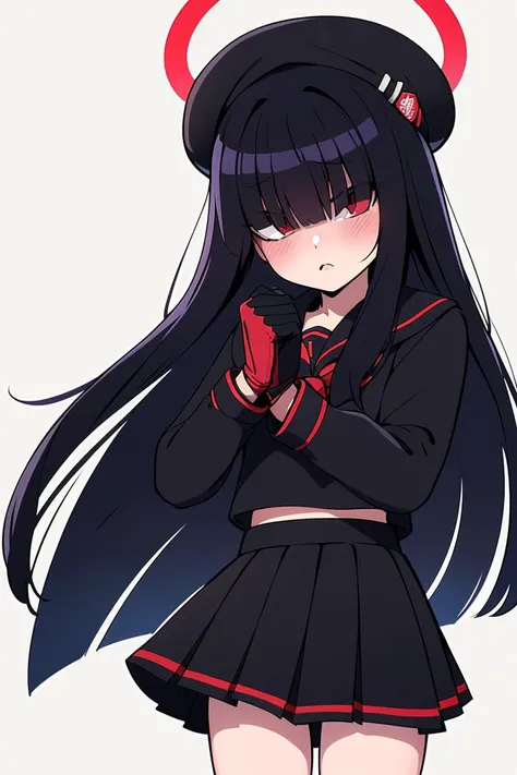 (masterpiece, best quality), 1girl, <lora:Mob-chanAdvanced:0.8> red_eyes, very_long_hair, blunt_bangs, eyes visible through hair, black_socks, black_skirt, sailor_collar, beret, black_hat, red_halo, hair_over_eyes, black_hair, gloves, pleated_skirt, uwabak...