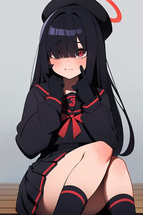 (masterpiece, best quality), 1girl, <lora:Mob-chanAdvanced:0.8> red_eyes, very_long_hair, blunt_bangs, eyes visible through hair, black_socks, black_skirt, sailor_collar, beret, black_hat, red_halo, hair_over_eyes, black_hair, gloves, pleated_skirt, uwabak...