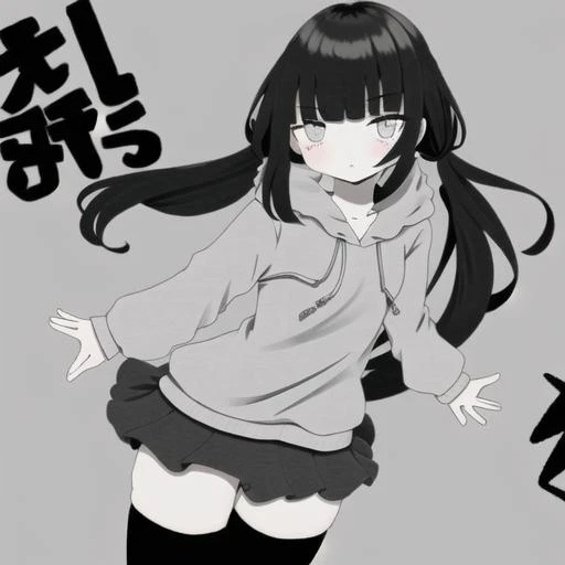 <lyco:last-000032:1.0>, osage, inabakumori, monochrome, hoodie, black thighhighs, greyscale,