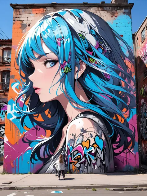 a woman with blue hair and tattoos standing in front of a wall