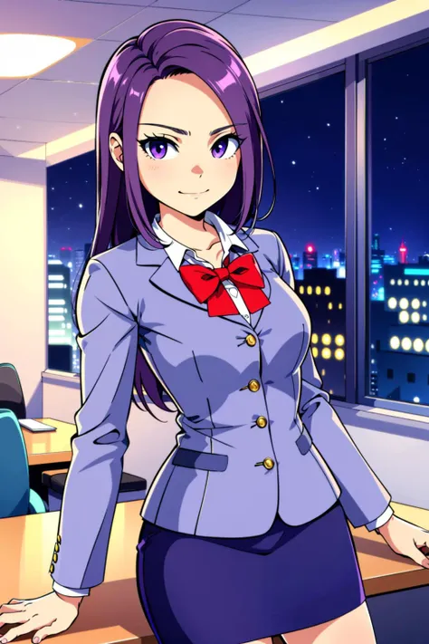 masterpiece, best quality, girl,
BREAK
purple hair, purple eyes, [slight smile], 
office blazer, pencil skirt, 
BREAK
office, 
night time, neon lighting, 
BREAK
 <lora:MGCM_seira:0.8>