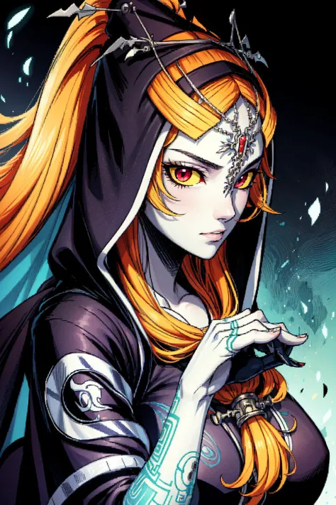 thick outlines, comics, photorealistic, perfect hands, masterpiece:1.2, 1 girl, solo, <lora:tloz_midna:1>, midnatrue, tall, long hair, front ponytail, hood, colored sclera, yellow sclera, jewelry, detailed background, detailed face, detailed eyes, <lora:ad...