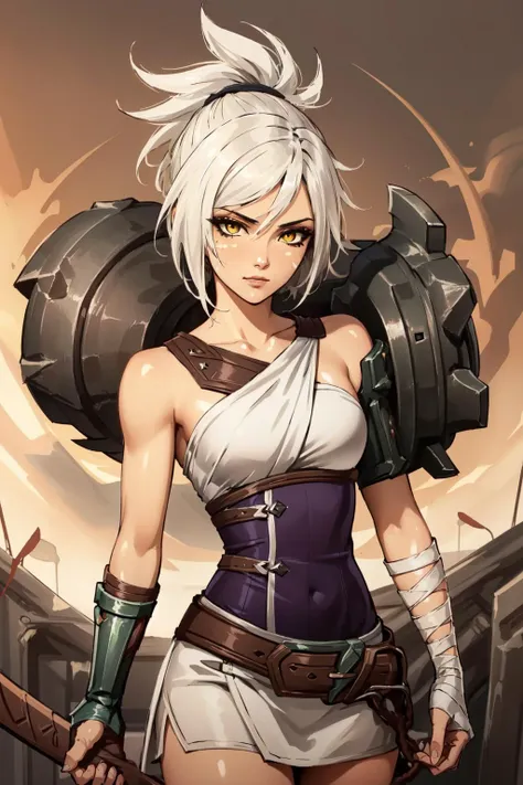 (masterpiece, best quality),  intricate details,
1girl,    <lora:Riven-000016:1> riven (league of legends), folded ponytail, short dress, coreset, single pauldron, white hair, black eyeshadow, bare shoulders,yellow eyes,