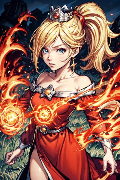 thick outlines, comics, photorealistic, 1girl, solo, fireball, fire magic, <lora:RosalinaV3:0.9>, IncrsRsln, blonde hair, hair over one eye, RslnFF, ponytail, crown, (red dress), bare shoulders, off-shoulder dress, long sleeves, kingdom, grass, detailed ba...