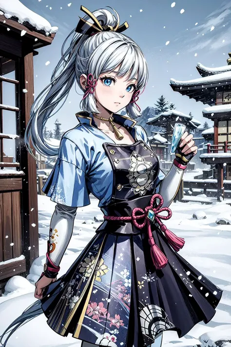 thick outlines, comics, photorealistic, perfect hands, masterpiece:1.2, colorful, 1girl, solo, small breast,  <lora:kamisato_ayaka:1>, kamisatoayakadef, japanese temple, blizzard, ice, snow, detailed face, detailed eyes, <lora:add_detail:0.7>