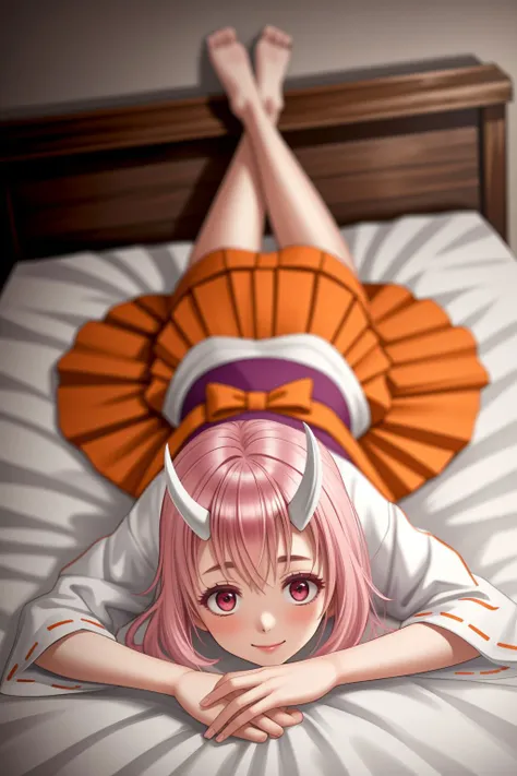 anime girl laying on bed with pink hair and horns on her head