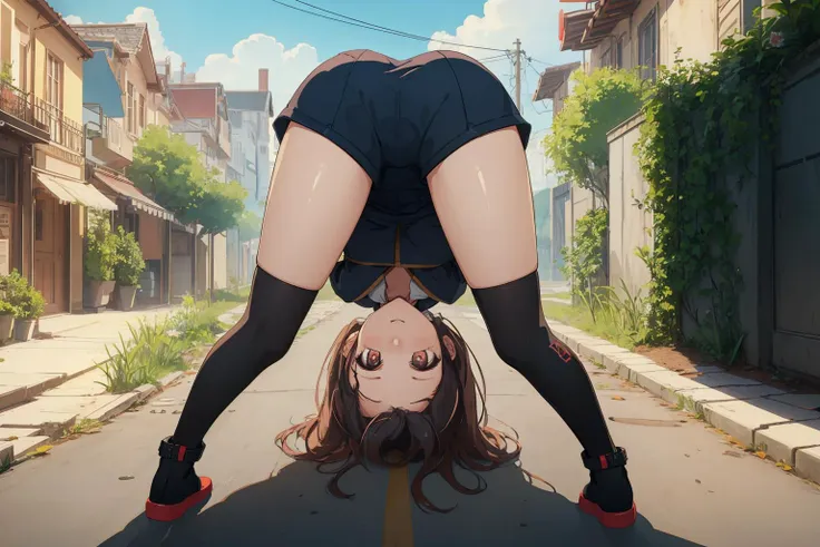 anime girl upside down on the street with her legs up