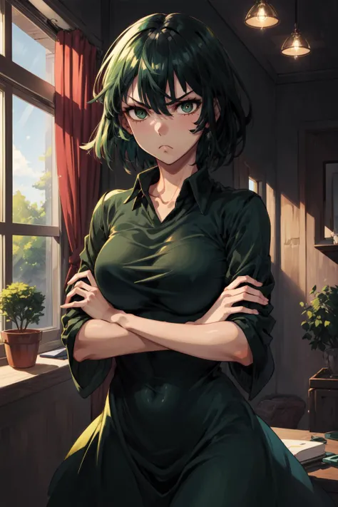 masterpiece,best quality,1girl,mature female,fubuki,green eyes,green hair,green dress,light frown,crossed arms,indoors,cowboy shot,<lora:opm_fubuki:1>,