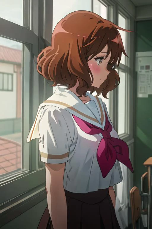 best quality, masterpiece, highres, solo, {oumae_kumiko_soundeuphonium:1.15}, brown_hair, short_hair, brown_eyes, blush, serafuku, bangs, closed_mouth, 1girl, brown_shirt, brown_skirt, kitauji_high_school_uniform, neckerchief, red_neckerchief, sailor_colla...