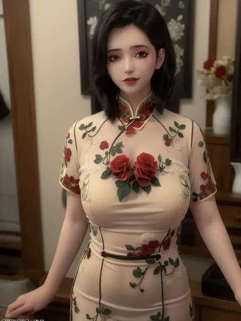 1girl,solo,perfect face,look at viewer,standing,
china dress,chinese clothes,red flower, red rose,floral print,print dress,short sleeves,lace,lace trim ,
masterpiece, best quality, highly detailed,