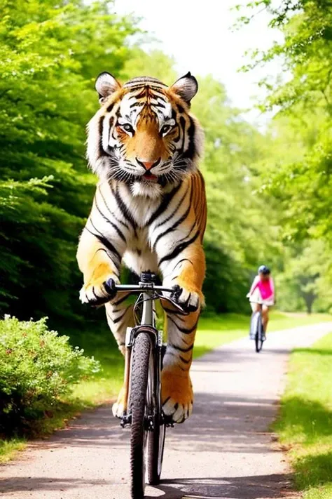 there is a tiger riding a bike down a path with a person on a bike