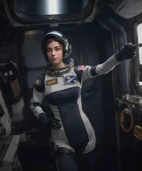 1girl, (photographic:1.3), (RAW photo:1.3), (ultra wide lens:1.3), (far shot:1.3), (selfie shot:1.3), ((morb4cc4r1n)), (an astronaut taking selfie floating on space:1.4), soldier, spacesuit, rifle, fighting, war, battle, (helmet on:1.3), (infinite space be...