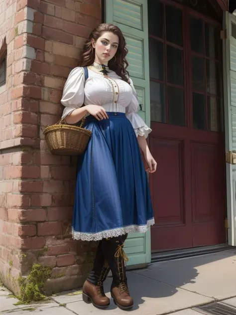 a woman in a blue skirt and white shirt standing next to a brick building