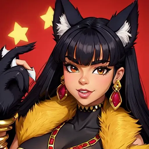 a woman with long black hair and a cat ears holding a bird