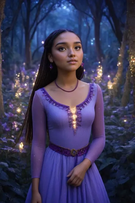 a woman in a purple dress standing in a forest with lights