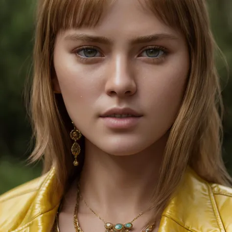 a close up of a woman wearing a yellow jacket and necklace