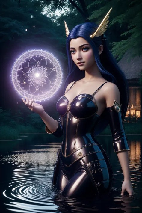 a woman in a black corset holding a glowing orb