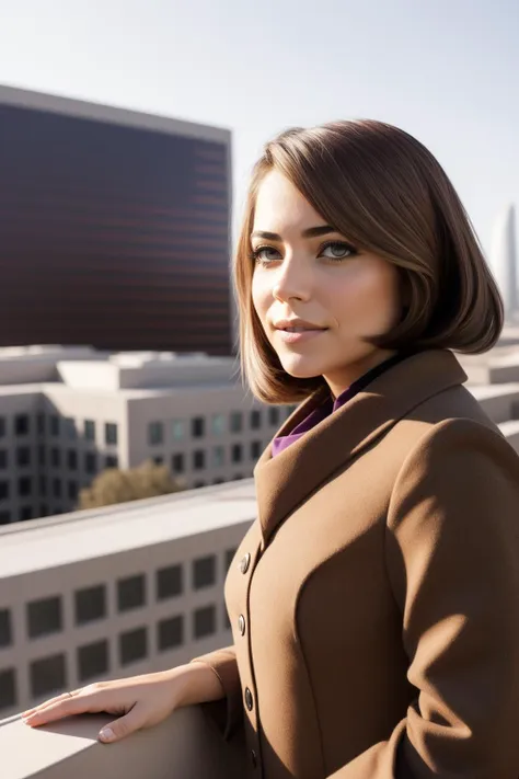 arafed woman in brown coat standing on balcony with city skyline in background