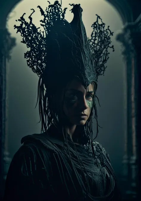 a woman in a black dress and a crown with a bird on her head