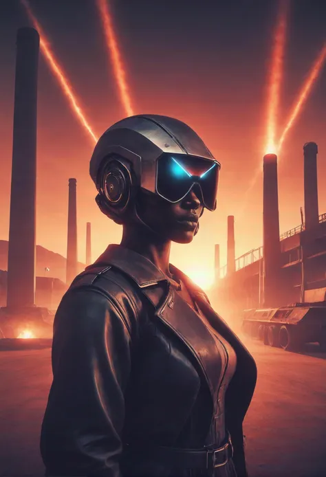 a woman in a futuristic helmet stands in front of a factory