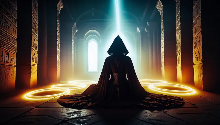 a person in a cloak and cloak standing in a dark room with light coming from the doorway