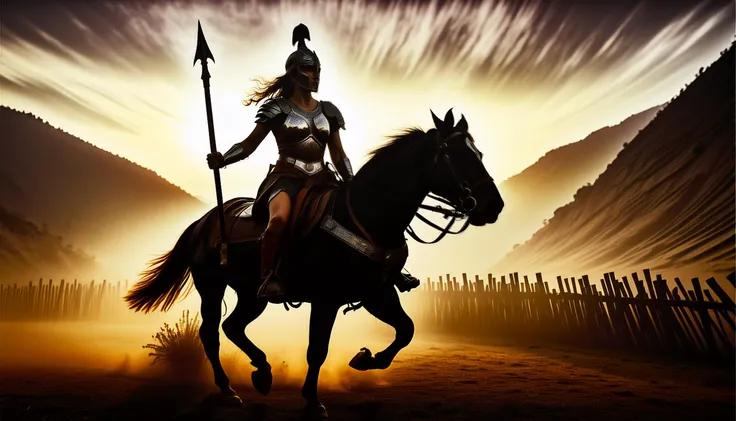 arafed image of a woman riding a horse with a spear