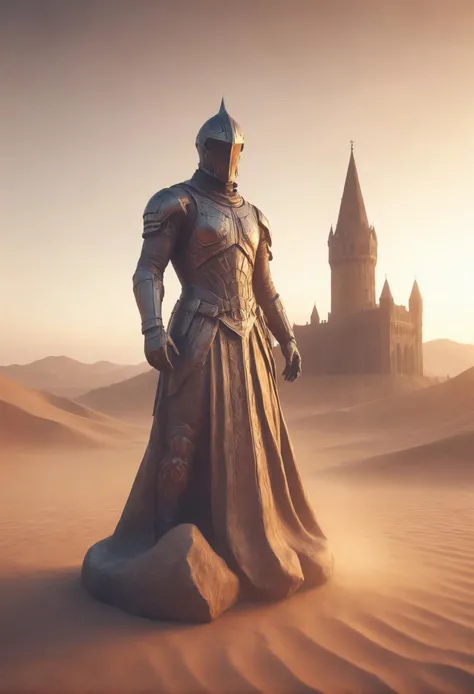 a man in armor standing in the desert with a castle in the background