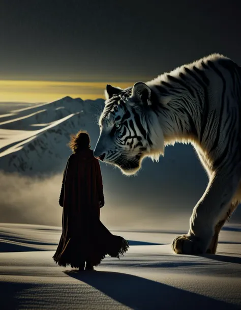 a woman in a red cloak is walking in the snow with a white tiger