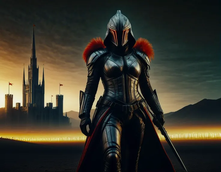 a woman in armor stands in front of a city with a sword