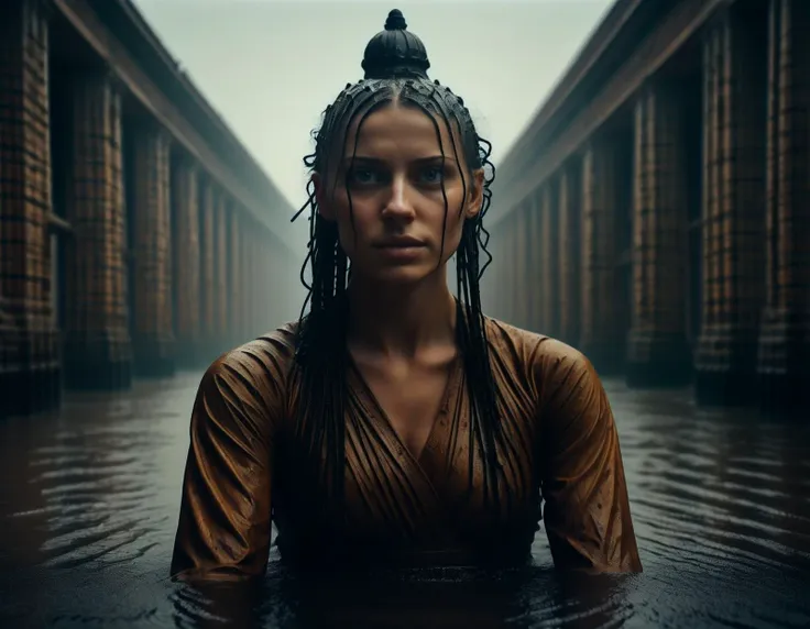 a woman in a brown dress standing in a flooded area