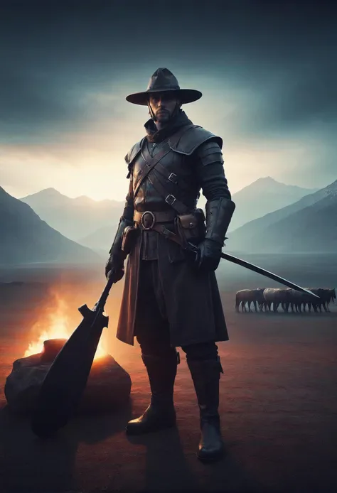 a man in a hat and trench coat holding a sword