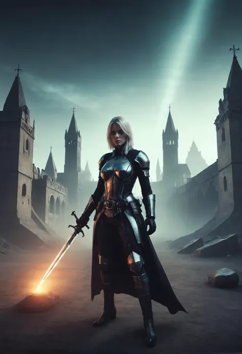 a woman in armor holding a sword standing in front of a castle