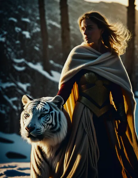 a woman in a cape and a tiger in the snow