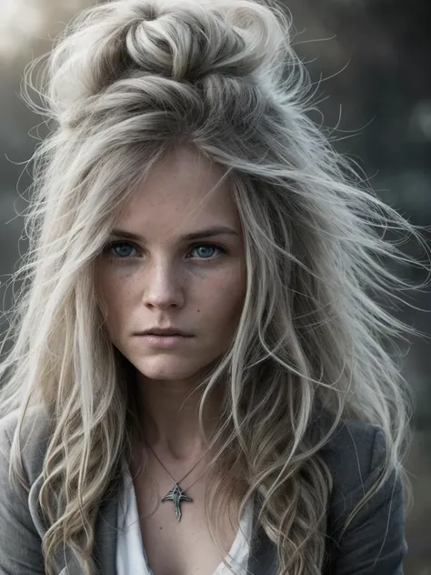 a woman with long blonde hair and a cross necklace