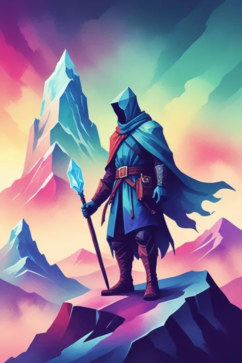 a man in a cloak and cape standing on top of a mountain