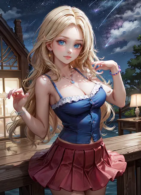 ((best quality)), ((highly detailed)), masterpiece, absurdres, extremely detailed face, beautiful face, (detailed eyes, deep eyes), (1girl), dynamic pose, cowboy shot, <lora:hairdetailer:.9>, <lora:haley:.7>, haley, blonde, long hair, blue eyes, smiling, n...