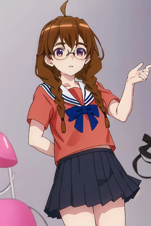 best quality, masterpiece, highres, solo, {sekine_4ninwasorezoreusootsuku:1.15}, brown_hair, glasses, braid, twin_braids, long_hair, ahoge, purple_eyes, serafuku, brown_eyes, 1girl, bow, pink_shirt, school_uniform, sailor_collar