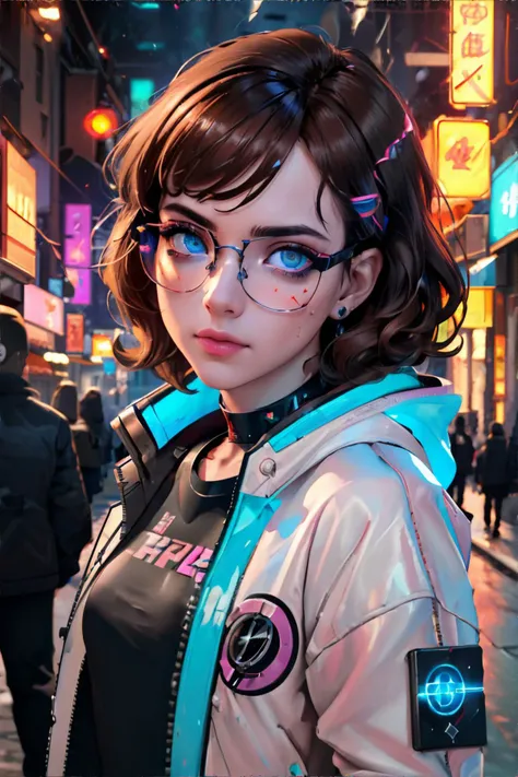 <lora:bzl:0.7>, <lora:cyberpunk-zakp:0.7>, cyberpunk, science fiction, neon lights, bzl_test, short curly brown hair, (blue|grey|green) eyes, glasses, jacket || masterpiece, perfect quality, sharp focus, shallow depth of field, 8k