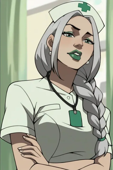 score_9, score_8_up, score_7_up 1girl braided hair, looking_at_viewer parted_lips, green lips, silver_hair Nurse_uniform shirt skirt solo upper_body very_long_hair <lora:Boondocks Pony:1> hospital setting,