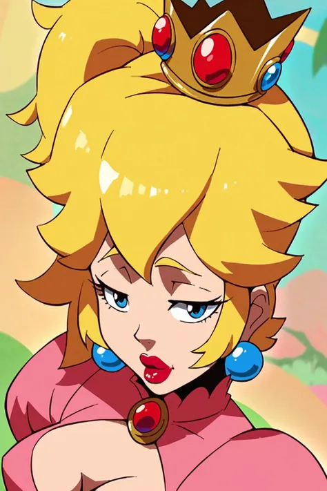 score_9, score_8_up, score_7_up mario_(series) princess_peach 1girl blue_gemstone breasts crown dress earrings gem jewelry lipstick medium_breasts pink_dress red_lips solo sphere_earrings super_crown lips 
 <lora:Boondocks Pony:1>