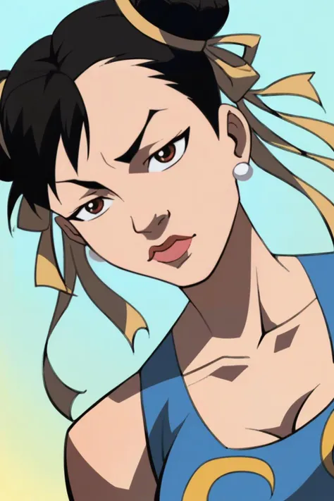 a close up of a woman with a ponytail in a blue top