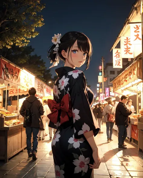 anime girl in kimono outfit walking down a busy street at night