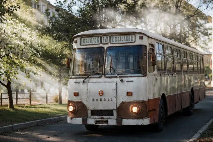 photo RAW,(gel40bo,(spring:1.3)(old Russia:1.2) landscape,white rusty bus on road in wooden village,sunrays,(bokeh:1.3) <lora:gelios40bokeh_v2:0.5> <lora:liaz677:0.75>, dusty atmospheric haze, high quality textures of materials, volumetric textures, coatin...