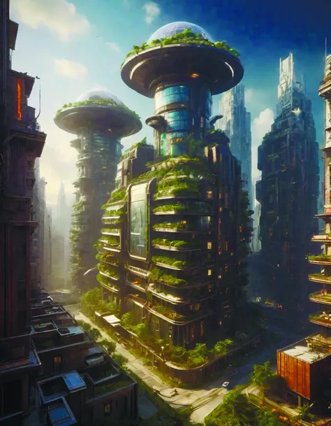 futuristic city with a futuristic building and a futuristic flying saucer