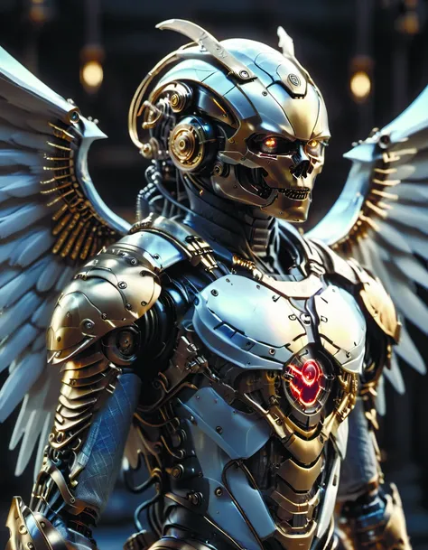 a close up of a statue of a robot with wings